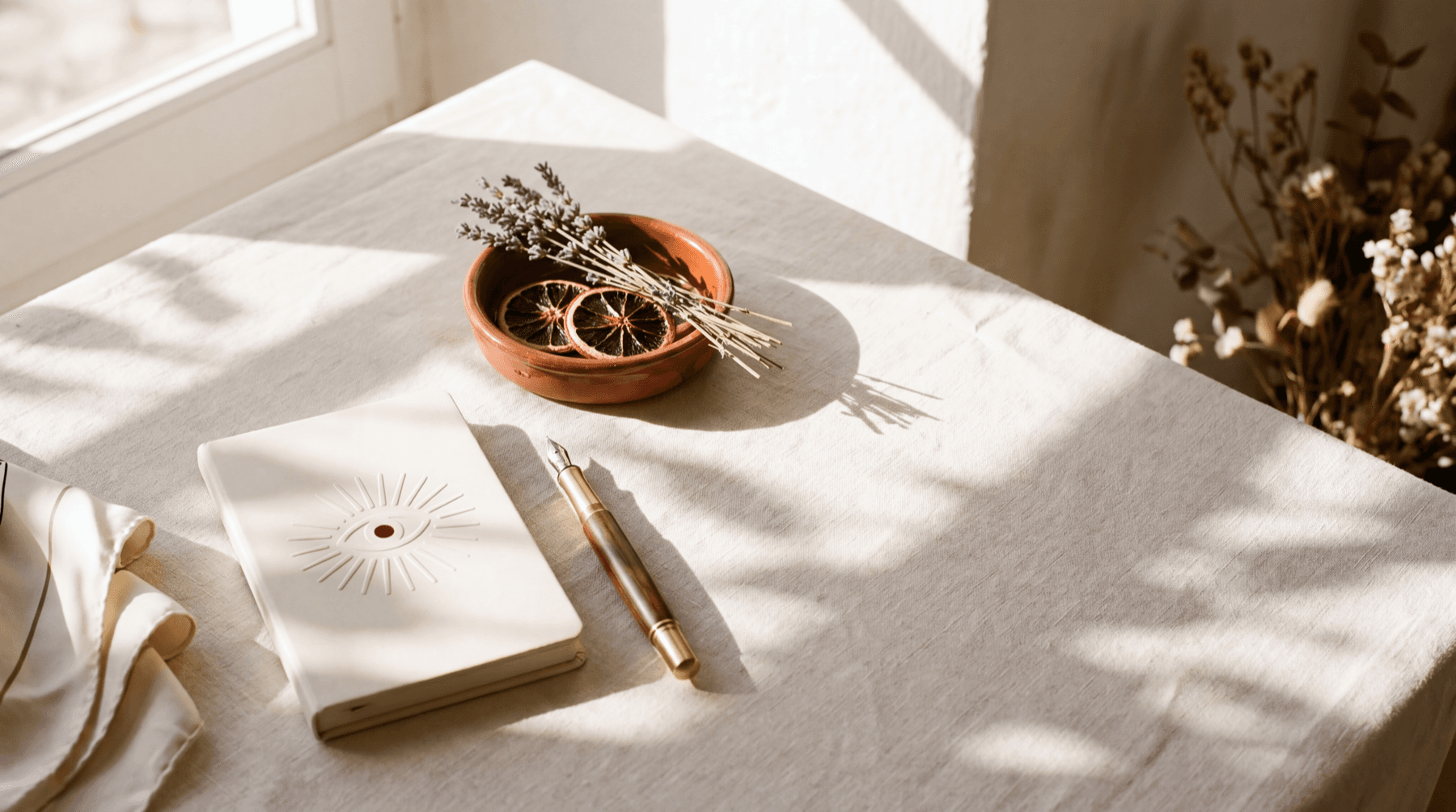 Studio mood — notebook, brass pen, and a bowl with lavender and dried orange slices on warm linen.